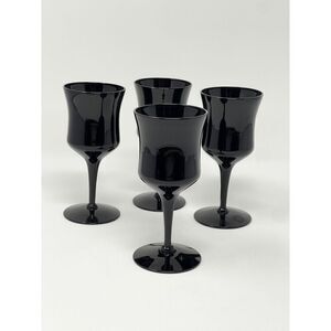 AMERICAN MANOR Ebony Black Vintage MCM Crystal Wine Glass Goblet 5.75” set Of 4